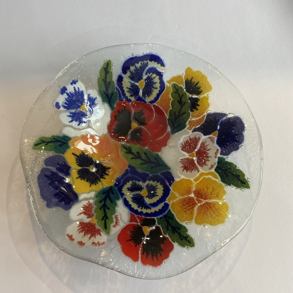Peggy Karr Pansies Pansy Floral Fused Art Glass Fluted Dish Bowl Decor -Signed!